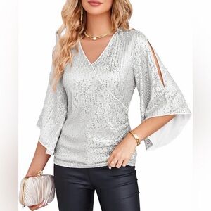 Grace Karen Women’s Sparkly Sequin Top 3/4 Sleeve Glitter Evening Blouse Sz 2XL